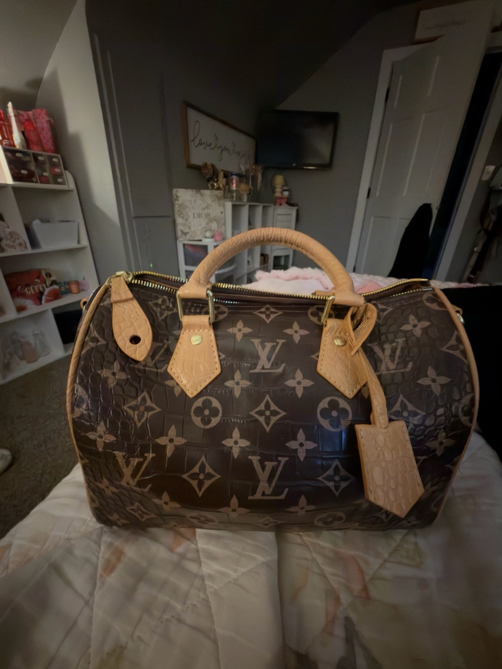 Brown Monogram Patent Speedy with Tan Trim